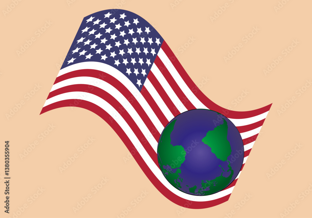 Aranceles de USA impacto mundial. El mundo en manos de EEUU. Bandera de EEUU  ondeando con el planeta en su poder. 