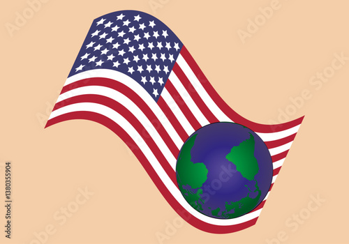 Aranceles de USA impacto mundial. El mundo en manos de EEUU. Bandera de EEUU  ondeando con el planeta en su poder. 