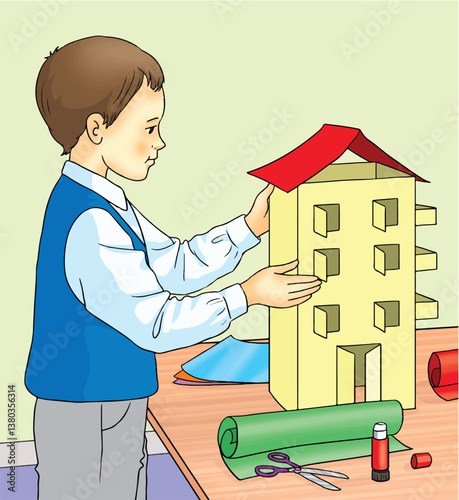 Cartoon student boy makes a model house out of cardboard.