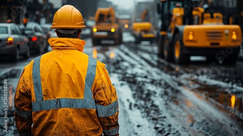 Wallpaper Mural A construction worker surveys the muddy site as heavy machinery begins road repairs Torontodigital.ca