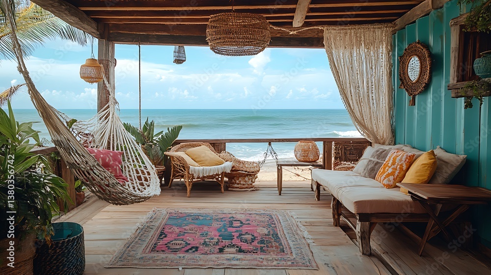 Fototapeta premium A container house with eclectic boho design by the beach, driftwood furniture, beaded curtains blowing in the breeze, patterned hammock, macrame décor, all bathed in soft coastal light.
