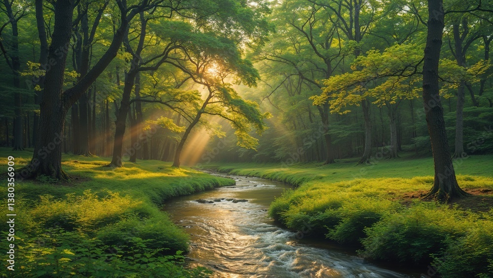 Sunlight streams through the foliage of a dense forest, illuminating a flowing stream. This vibrant scene highlights the connection between biofuels and environmental sustainability Sunlight streams through the foliage of a dense forest, illuminating a flowing stream. This vibrant scene highlights the connection between biofuels and environmental sustainability
