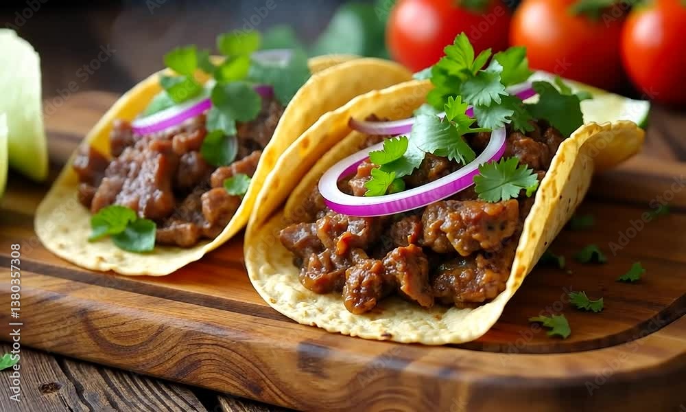 Delicious Mexican Tacos on Wooden Board Delicious Mexican Tacos on Wooden Board