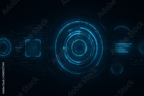 Futuristic digital interface with glowing blue holographic patterns, sleek dark background, horizontal composition, high-tech aesthetic, perfect for tech ads