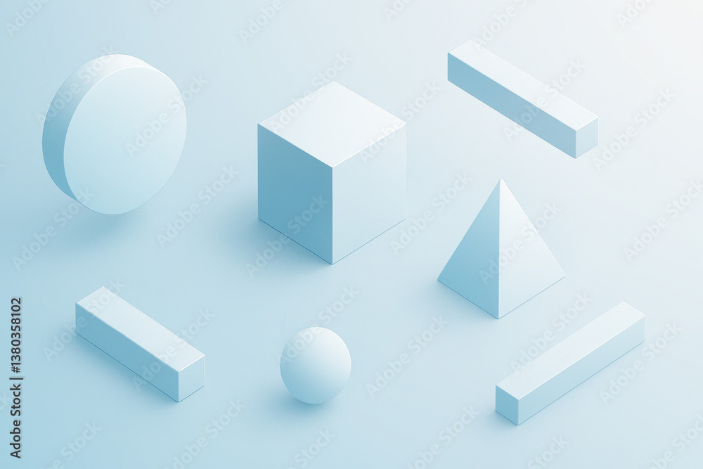 Minimalist tech background with floating 3D geometric shapes, soft gradients of blue and white, horizontal orientation, clean and professional

