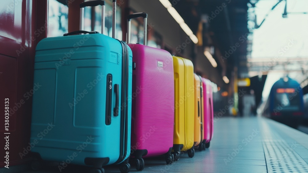A row of different-sized suitcases lined up at a train station platform, waiting for departure.