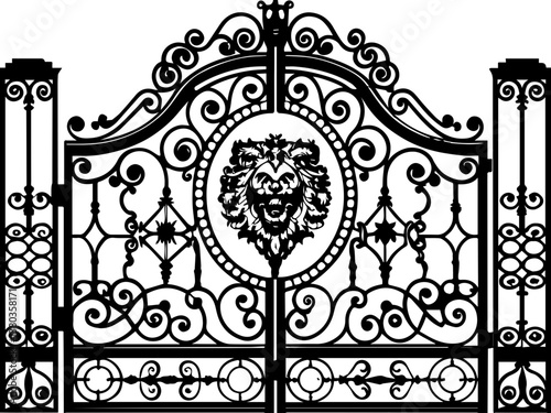 Royal mythological Baroque gates in SVG vector format. Ornate Iron Gate with Intricate Lion Head Design Artwork