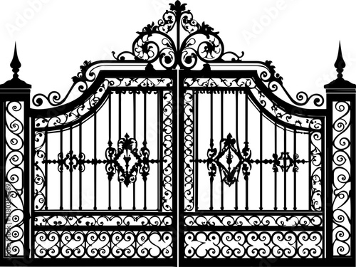 Royal mythological Baroque gates in SVG vector format. Ornate Black Iron Gate Design with Intricate Scrollwork Patterns