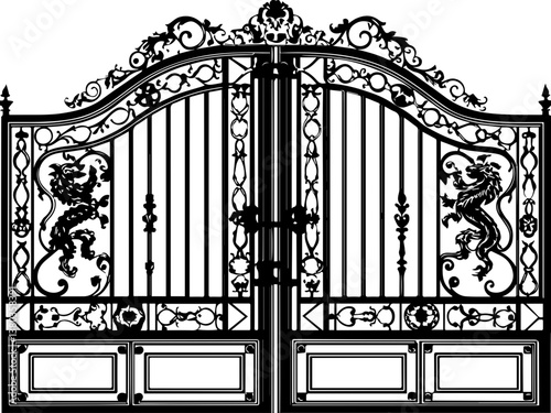 Royal mythological Baroque gates in SVG vector format. Ornate Iron Gate with Lion Emblems in Elegant Design