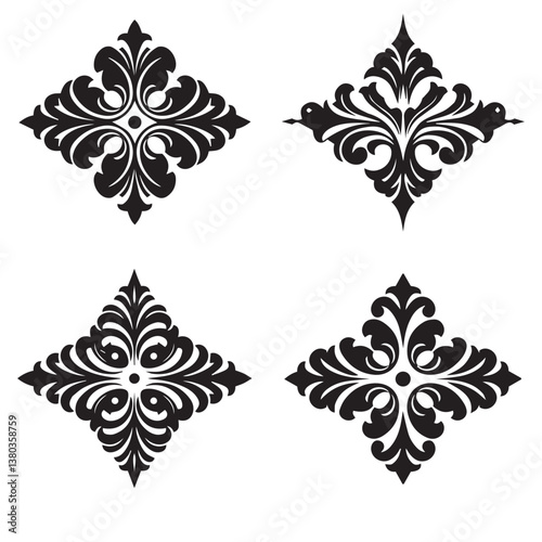 Beautiful flower shape star leaf swirl calligraphic ornament heart shaped bell silhouette icon set for vintage wedding stationery

