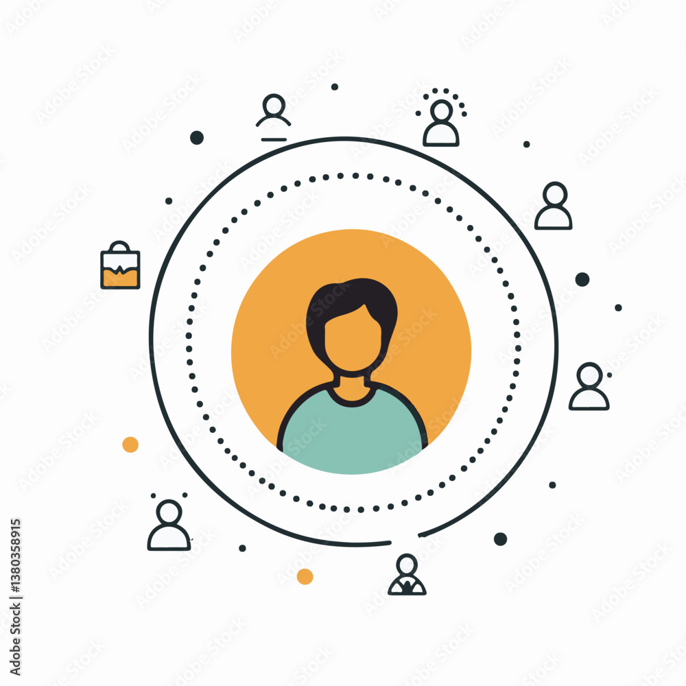 Central figure connects users in dotted network diagram scene display Central figure connects users in dotted network diagram scene display