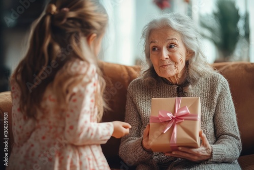 young girl surprising grandmother with colorful gift box on cozy sofa in living room photo