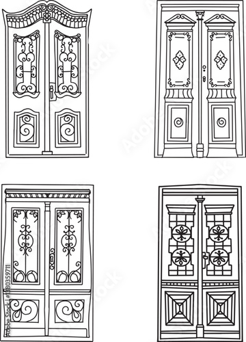 Doors of houses of old European city. Set of vector illustrations on white background