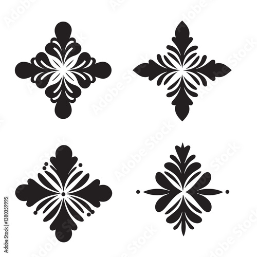 Beautiful heart shaped bell flower shape star leaf swirl calligraphic ornament silhouette icon set for elegant compositions
