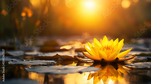 Golden lotus sunset pond reflection serenity nature