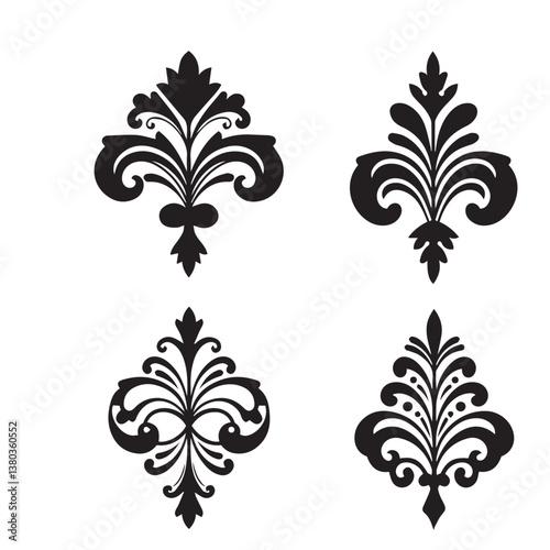 Luxury wedding decoration flower shape star leaf swirl calligraphic ornament heart shaped bell silhouette icon set for event planning
