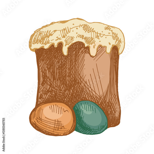 Hand drawn colored vintage sketch of Easter cake with eggs