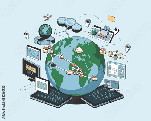 vector illustrative poster that celebrates global communication technology . Showcase a world travel by advanced communication systems.
