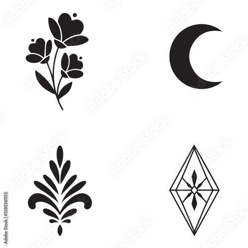 Premium floral calligraphic ornament flower shape star leaf swirl heart shaped bell silhouette icon set for creative professionals
