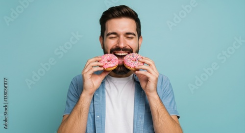 Happy man enjoying two frosted donuts.