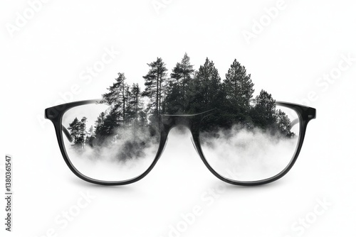 The view of a river and forest is focused through women's eyeglasses, with a monochrome background, representing the concept of better vision and distinct world perception