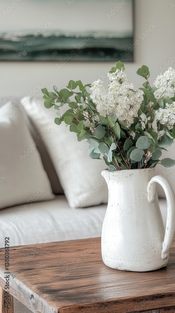 Fresh white flowers in a rustic jug decorating a cozy living room with soft textures and natural light Fresh white flowers in a rustic jug decorating a cozy living room with soft textures and natural light