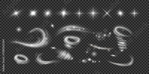 Light effects.Wind glare, explosions, shine, dust, lines, solar flares, sparks, sequins, stars, curved curls. Glow special effect of light