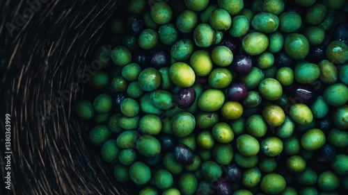 Assorted green and black olives in a woven basket from a bird's eye view