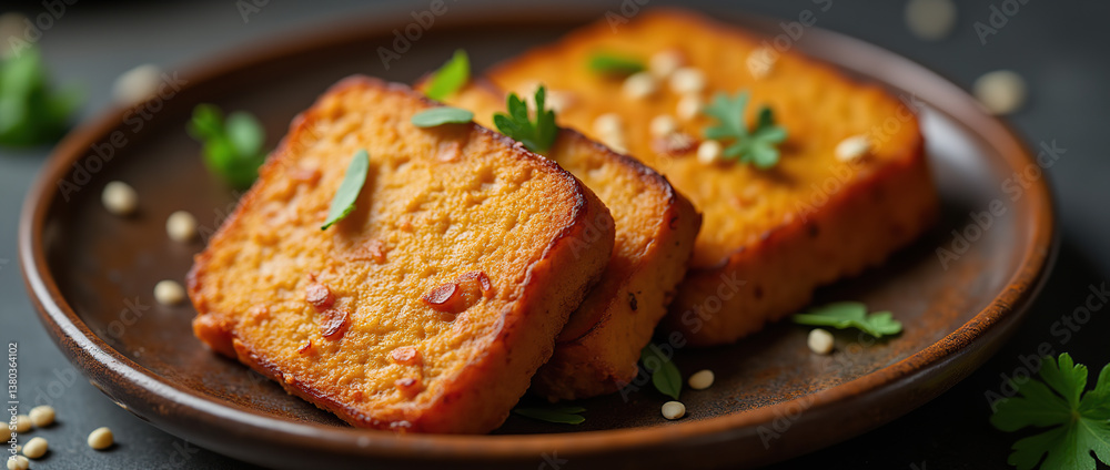 A sharp macro shot of tempeh slices, highlighting the fermented texture and golden-brown crust, beautifully garnished with sesame seeds on a ceramic plate.
A sharp macro shot of tempeh slices, highlighting the fermented texture and golden-brown crust, beautifully garnished with sesame seeds on a ceramic plate.