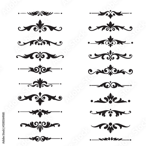 Elegant flower shape star leaf swirl calligraphic ornament heart shaped bell silhouette icon set for vintage wedding invitations
