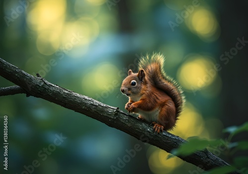 Adorable Red Squirrel Perched on Tree Branch, Forest Wildlife, Nature Photography.