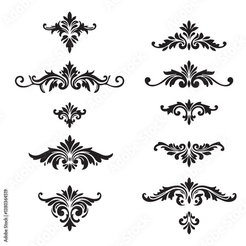 Stylish flower shape star leaf swirl calligraphic ornament heart shaped bell silhouette icon set for professional wedding designs
