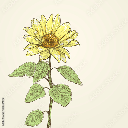 Yellow sunflower illustration with a detailed, hand-drawn style