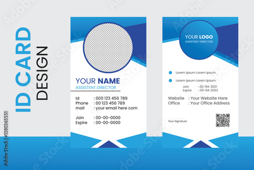 Vector id card template with clasp and lanyard. Blue and white color mock up set. Modern colorful icon collection. Employee ID. Simple realistic design. Cute cartoon style. Flat style illustration