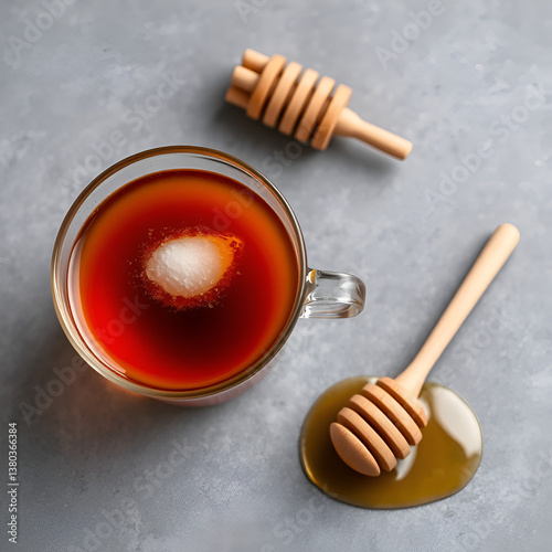 A cup of tea wit sugar and honey on gray background