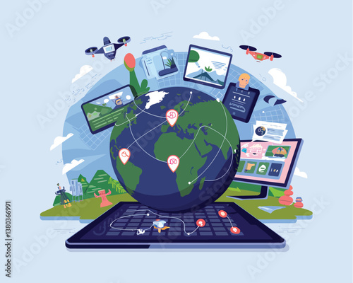 vector illustrative poster that celebrates global communication technology . Showcase a world travel by advanced communication systems.
