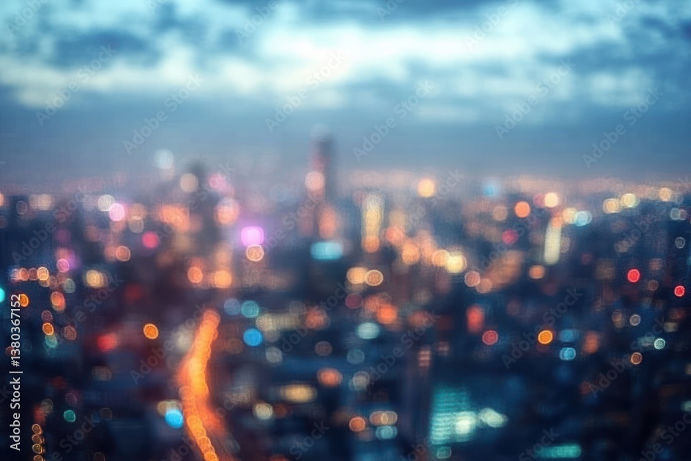 Fototapeta premium Blurry City Rooftop View at Dusk with Golden Hour Sky and Dynamic Cityscape Night Lights Bokeh for Evening Events