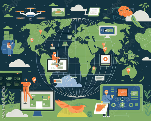 vector illustrative poster that celebrates global communication technology . Showcase a world travel by advanced communication systems.
