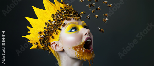 Hyperrealistic profile portrait of a young woman with bright yellow crest-styled hair, her blue eyes wide and expressive beneath bold yellow makeup
