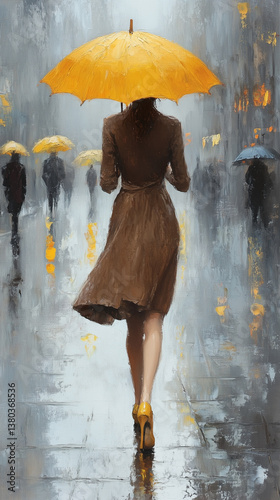 Impressionistic oil painting of a refined woman walking through a rain-soaked city street, dressed in a brown dress and classic heels