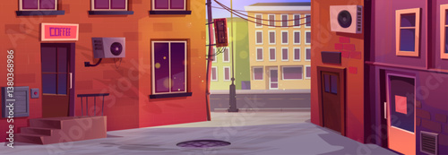 Old city back alley street cartoon vector background Brick wall neighborhood house ghetto landscape illustration for game Empty sunny cityscape with cafe entrance and stairs Nyc home backstreet
