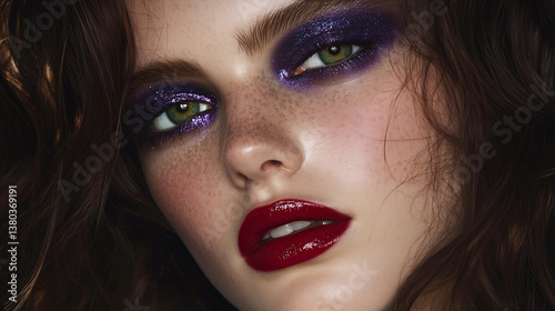 Mesmerizing close-up portrait of a young woman, her striking green eyes intensified by shimmering purple eyeshadow