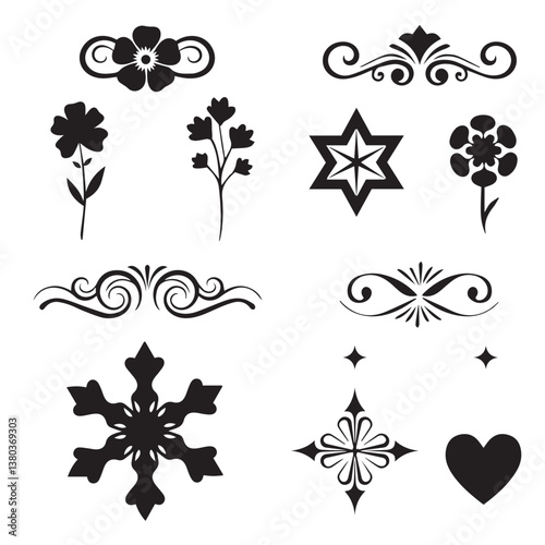 Beautiful holiday ornament flower shape star leaf swirl calligraphic ornament heart shaped bell silhouette icon set for festive embellishments

