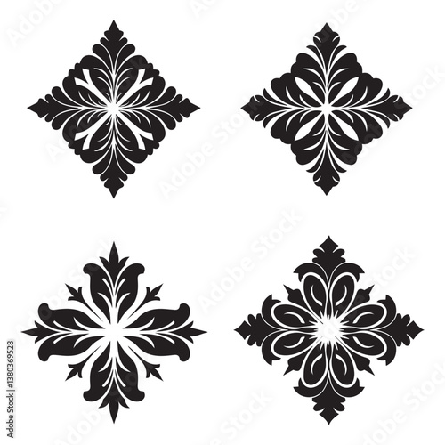 Stylish flower shape star leaf swirl calligraphic ornament heart shaped bell silhouette icon set for wedding and festive decor
