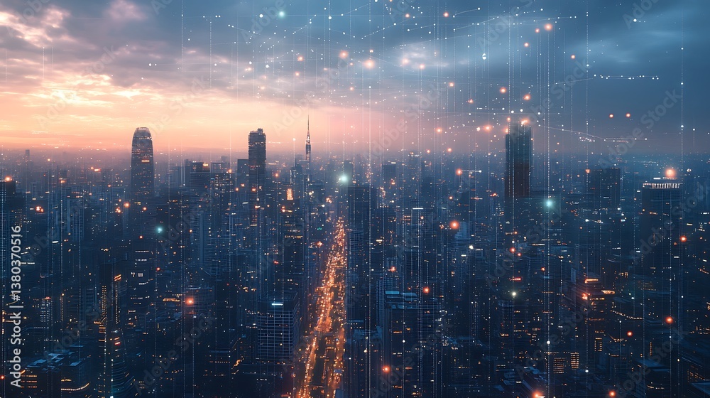 Fototapeta premium Futuristic city skyline with glowing lights and data connections picture