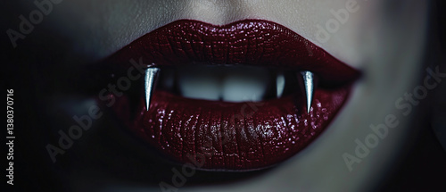 Ultra-detailed cinematic close-up of a vampire woman's mouth, accentuated by deep red lipstick with a subtle gloss