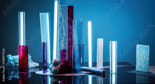 Abstract arrangement of glass and acrylic structures with neon lighting
