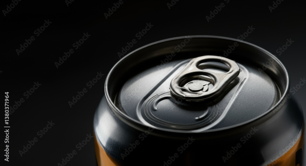 Close-up of metallic beverage can with pull tab on dark background Close-up of metallic beverage can with pull tab on dark background
