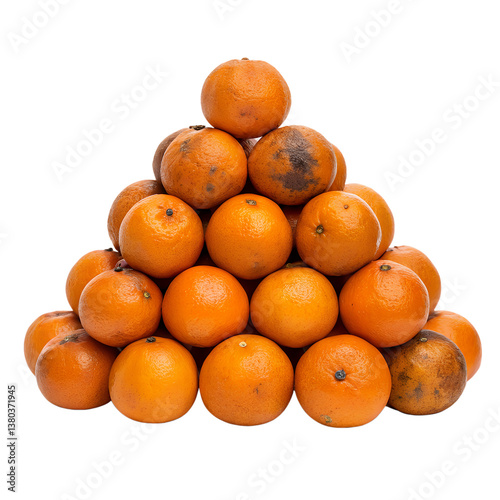 A pyramid of fresh and slightly spoiled oranges fruit arranged on gray background transparent background Generative AI