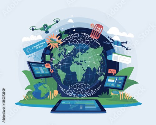 vector illustrative poster that celebrates global communication technology . Showcase a world travel by advanced communication systems.

